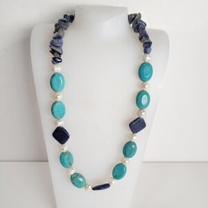 Turquoise Lapis Beaded Necklace Pearl Style Chip Gemstone Statement Blue
